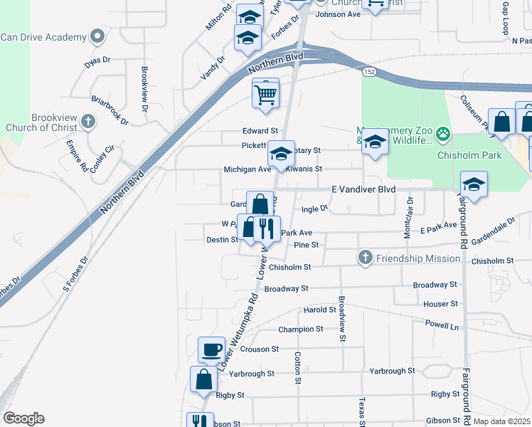 map of restaurants, bars, coffee shops, grocery stores, and more near 2933 Lower Wetumpka Road in Montgomery