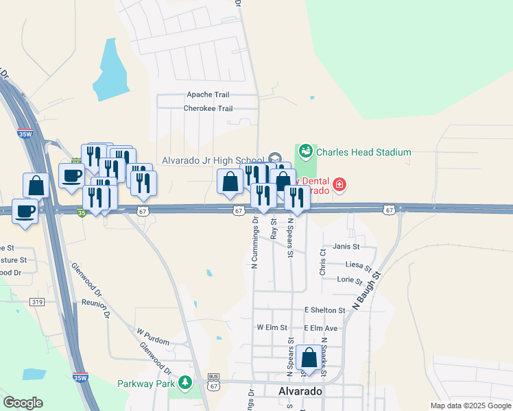 map of restaurants, bars, coffee shops, grocery stores, and more near 1000 North Cummings Drive in Alvarado