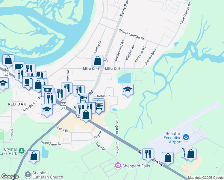 map of restaurants, bars, coffee shops, grocery stores, and more near 24 Katy Circle in Beaufort