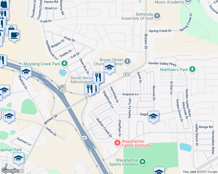 map of restaurants, bars, coffee shops, grocery stores, and more near 2300 Farm to Market Road 813 in Waxahachie