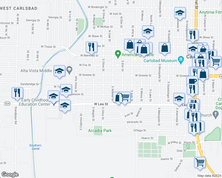 map of restaurants, bars, coffee shops, grocery stores, and more near 405 South Walnut Street in Carlsbad