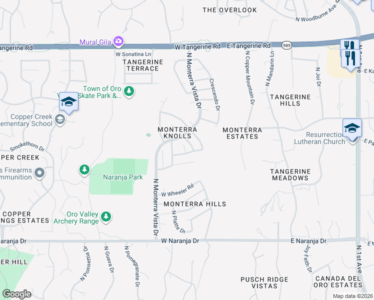 map of restaurants, bars, coffee shops, grocery stores, and more near 11668 North Greys Court in Oro Valley