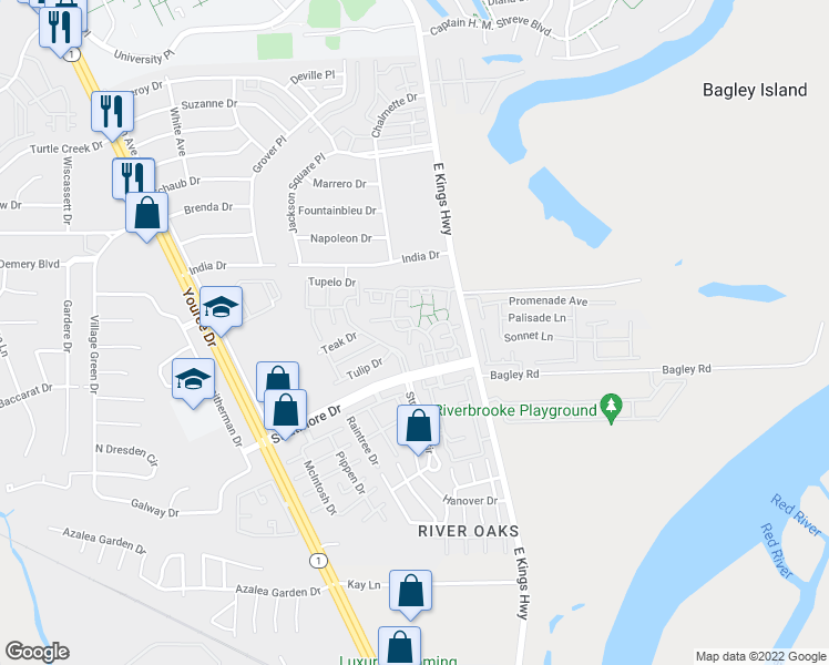 map of restaurants, bars, coffee shops, grocery stores, and more near 45 Settlers Bend in Shreveport