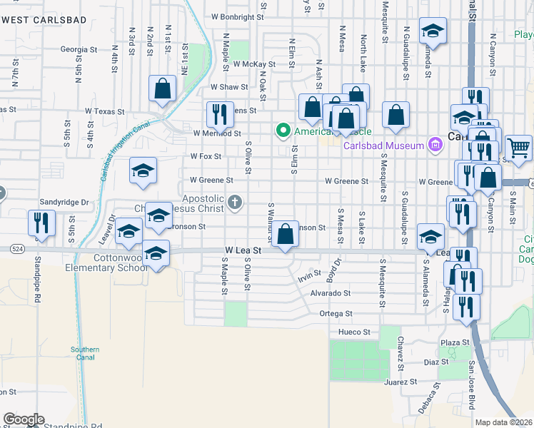 map of restaurants, bars, coffee shops, grocery stores, and more near 403 South Walnut Street in Carlsbad