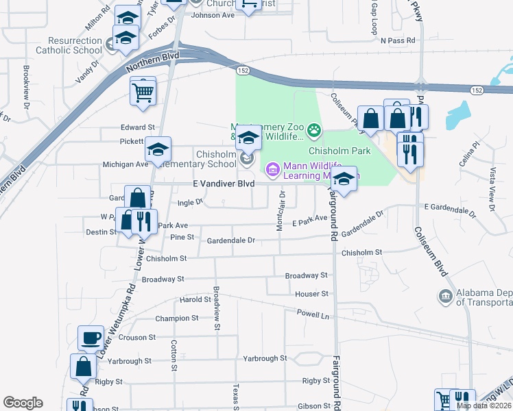 map of restaurants, bars, coffee shops, grocery stores, and more near 4010 Vandiver Court in Montgomery