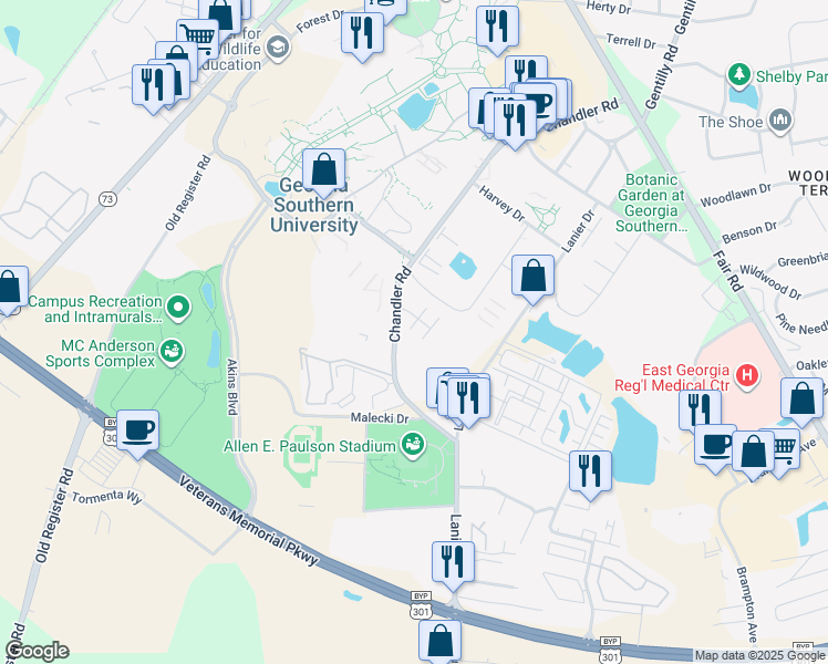 map of restaurants, bars, coffee shops, grocery stores, and more near 49 Southern Villa Apartment in Statesboro