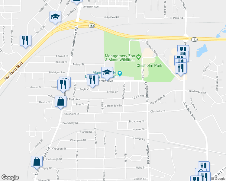 map of restaurants, bars, coffee shops, grocery stores, and more near 4001 Shelly Lane in Montgomery