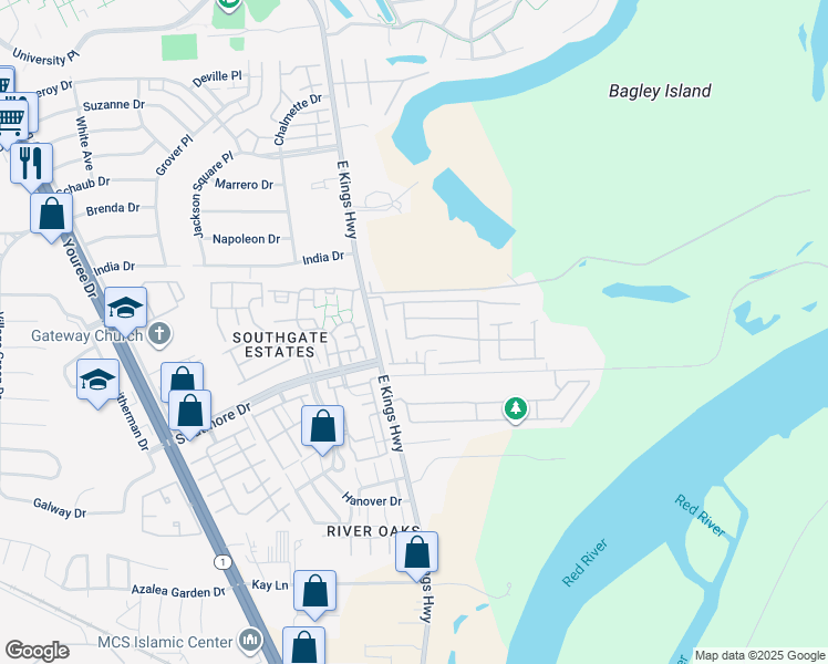map of restaurants, bars, coffee shops, grocery stores, and more near 106 Palladium Lane in Shreveport
