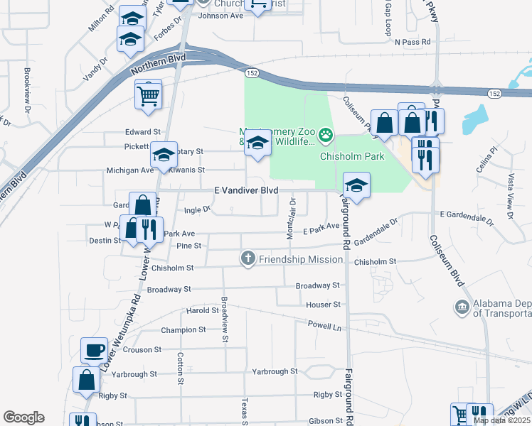 map of restaurants, bars, coffee shops, grocery stores, and more near 4001 Shelly Lane in Montgomery