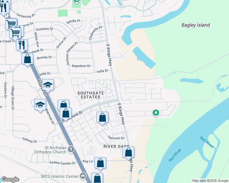 map of restaurants, bars, coffee shops, grocery stores, and more near 320 Colony Bend in Shreveport
