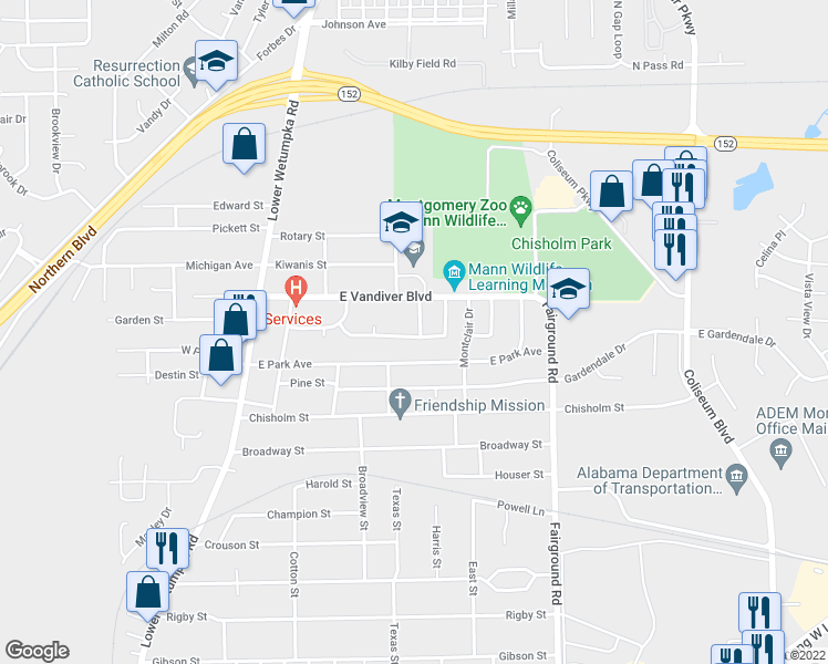 map of restaurants, bars, coffee shops, grocery stores, and more near 4009 Vandiver Court in Montgomery