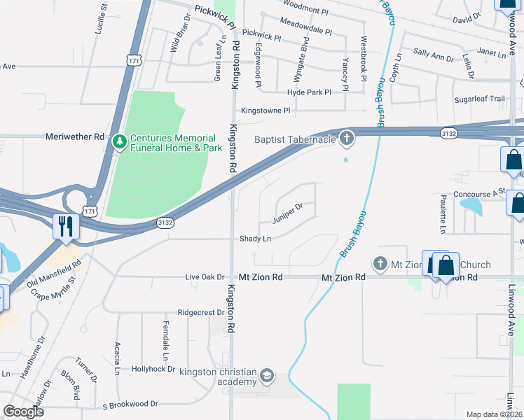 map of restaurants, bars, coffee shops, grocery stores, and more near 9245 Blue Spruce Drive in Shreveport