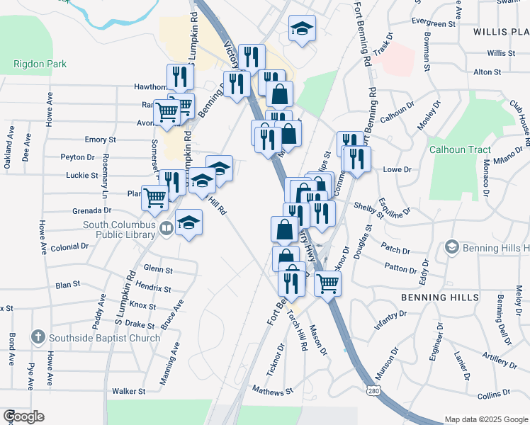 map of restaurants, bars, coffee shops, grocery stores, and more near 3700 Victory Drive in Columbus