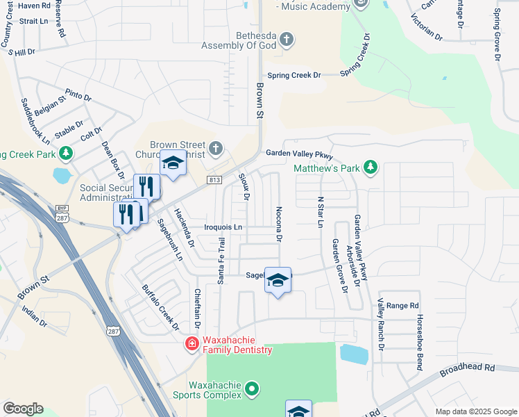 map of restaurants, bars, coffee shops, grocery stores, and more near 218 Sendero Dr in Waxahachie