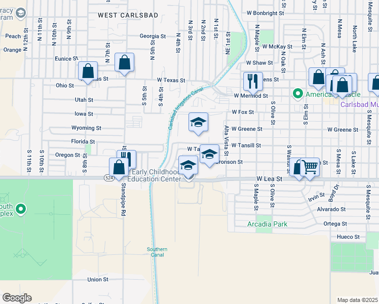 map of restaurants, bars, coffee shops, grocery stores, and more near 1805 West Tansill Street in Carlsbad