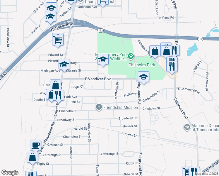 map of restaurants, bars, coffee shops, grocery stores, and more near 4001 Shelly Ln in Montgomery