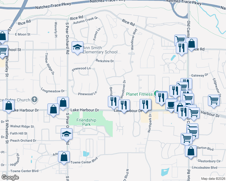 map of restaurants, bars, coffee shops, grocery stores, and more near 617 Berridge Drive in Ridgeland