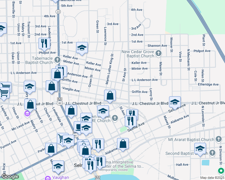 map of restaurants, bars, coffee shops, grocery stores, and more near 1618 Griffin Avenue in Selma