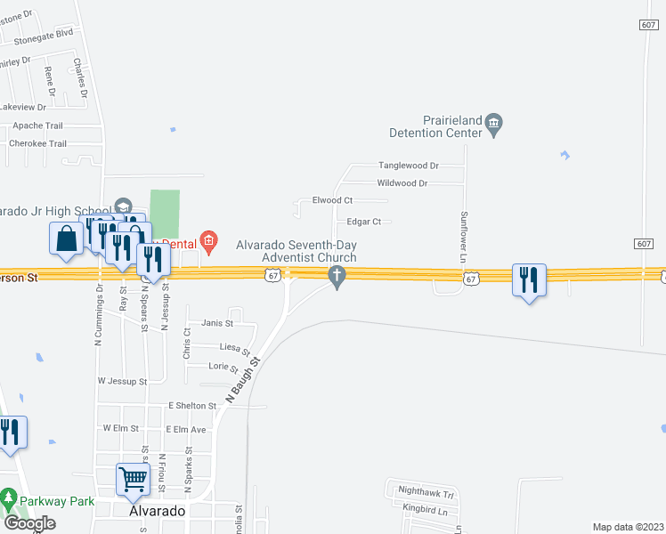 map of restaurants, bars, coffee shops, grocery stores, and more near 903 U.S. 67 in Alvarado