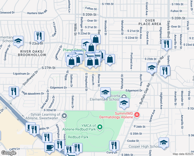 map of restaurants, bars, coffee shops, grocery stores, and more near 2738 Barrow Street in Abilene