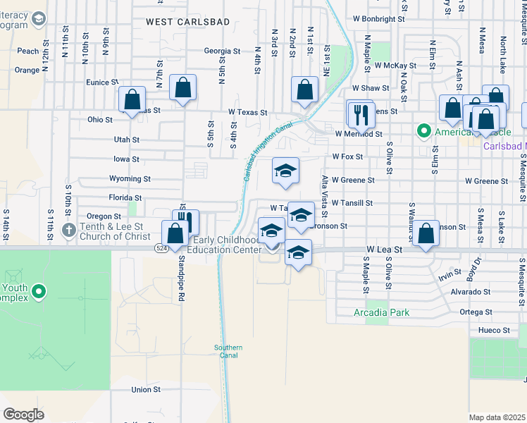 map of restaurants, bars, coffee shops, grocery stores, and more near 1805 West Tansill Street in Carlsbad