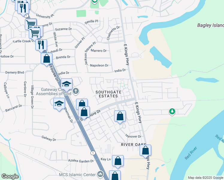 map of restaurants, bars, coffee shops, grocery stores, and more near 37 Chimney Stone Way in Shreveport