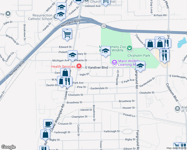 map of restaurants, bars, coffee shops, grocery stores, and more near 217 Shelly Lane in Montgomery