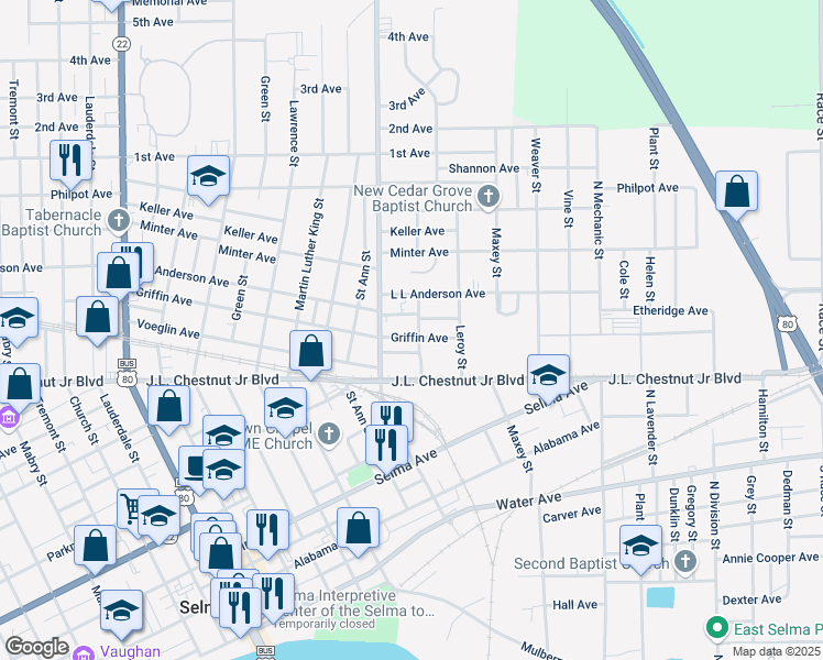 map of restaurants, bars, coffee shops, grocery stores, and more near 1911-1915 Griffin Avenue in Selma