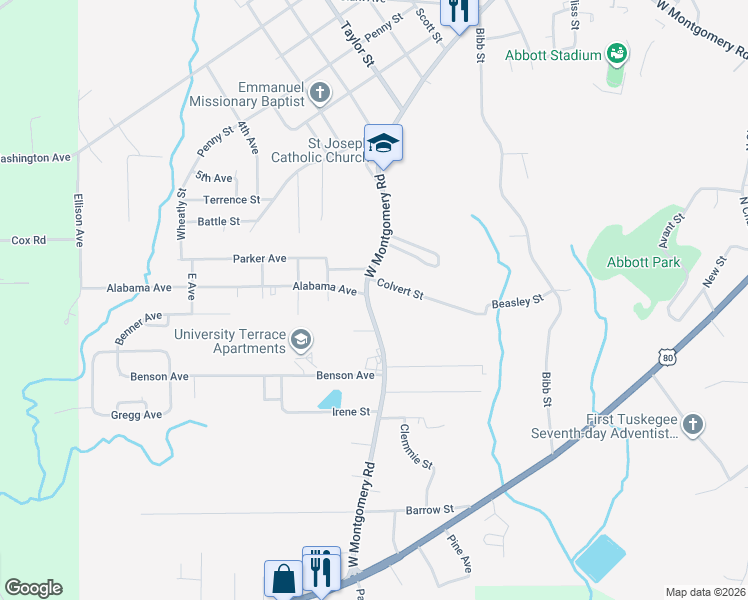 map of restaurants, bars, coffee shops, grocery stores, and more near 2401 West Montgomery Road in Tuskegee