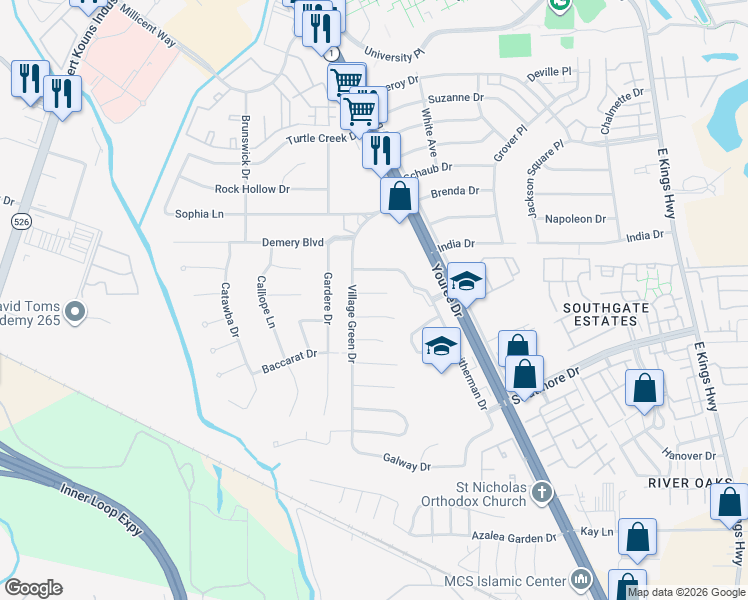 map of restaurants, bars, coffee shops, grocery stores, and more near 417 Coventry Court in Shreveport