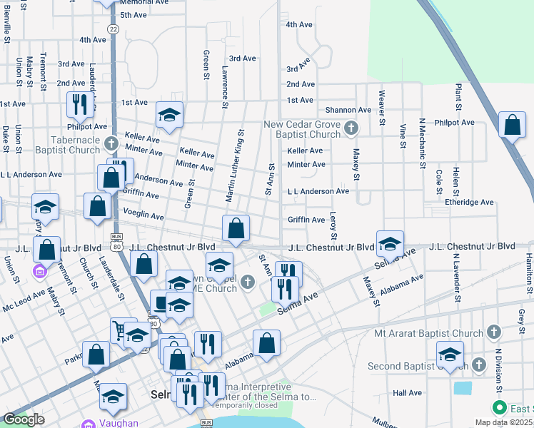 map of restaurants, bars, coffee shops, grocery stores, and more near 1300 Saint Ann Street in Selma