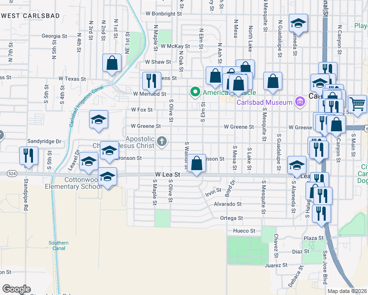 map of restaurants, bars, coffee shops, grocery stores, and more near 403 South Walnut Street in Carlsbad