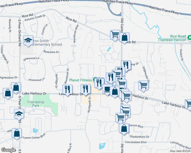 map of restaurants, bars, coffee shops, grocery stores, and more near 702 Versailles Dr in Ridgeland