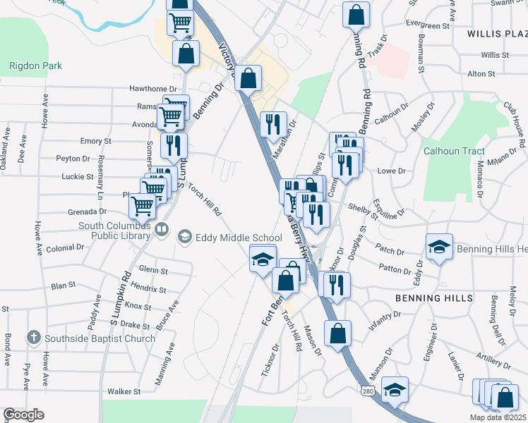 map of restaurants, bars, coffee shops, grocery stores, and more near 3700 Victory Drive in Columbus