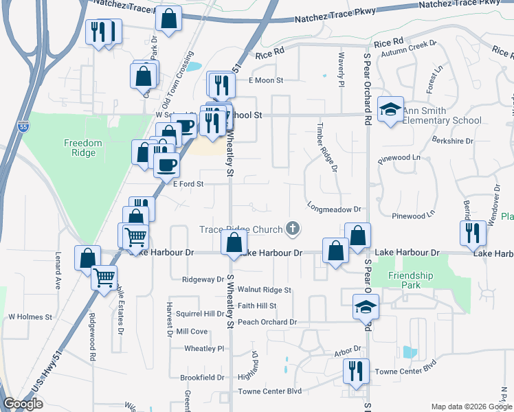 map of restaurants, bars, coffee shops, grocery stores, and more near 232 Garden Street in Ridgeland
