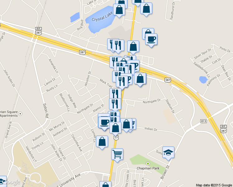 map of restaurants, bars, coffee shops, grocery stores, and more near 1111 N Hwy 77 in Waxahachie