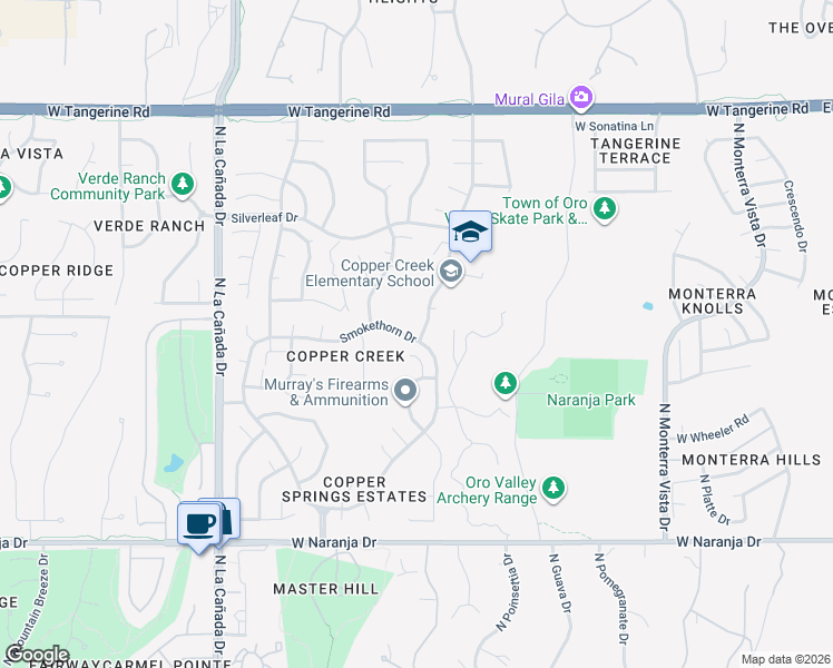 map of restaurants, bars, coffee shops, grocery stores, and more near 11571 North Copper Spring Trail in Tucson