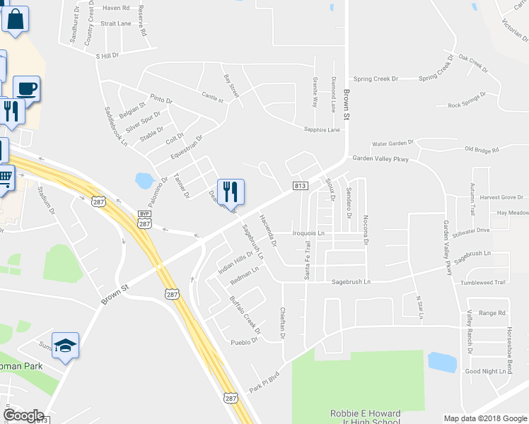 map of restaurants, bars, coffee shops, grocery stores, and more near 101 Hacienda Drive in Waxahachie