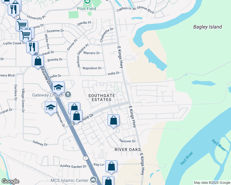 map of restaurants, bars, coffee shops, grocery stores, and more near 67 Colony Bend in Shreveport