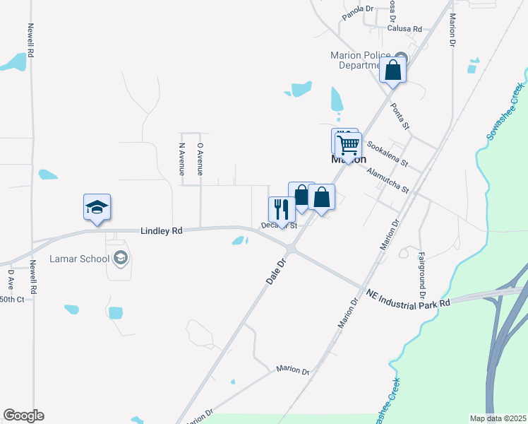 map of restaurants, bars, coffee shops, grocery stores, and more near 5300 Crepe Myrtle Drive in Marion