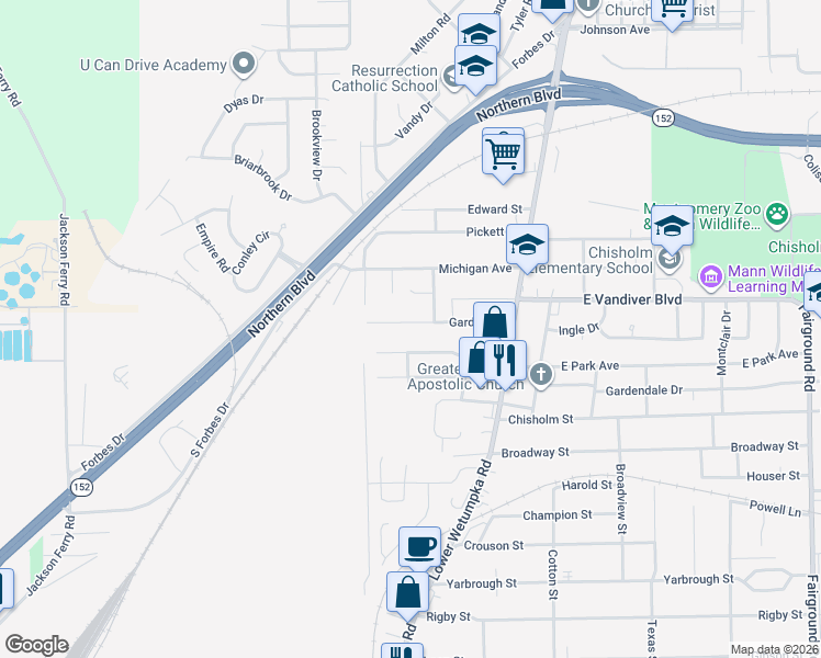 map of restaurants, bars, coffee shops, grocery stores, and more near 37 Garden Street in Montgomery