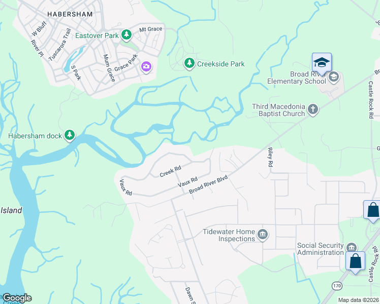 map of restaurants, bars, coffee shops, grocery stores, and more near 6120 Vaux Road in Beaufort