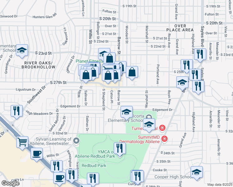 map of restaurants, bars, coffee shops, grocery stores, and more near 2734 Barrow Street in Abilene