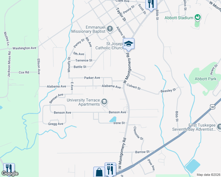 map of restaurants, bars, coffee shops, grocery stores, and more near in Tuskegee