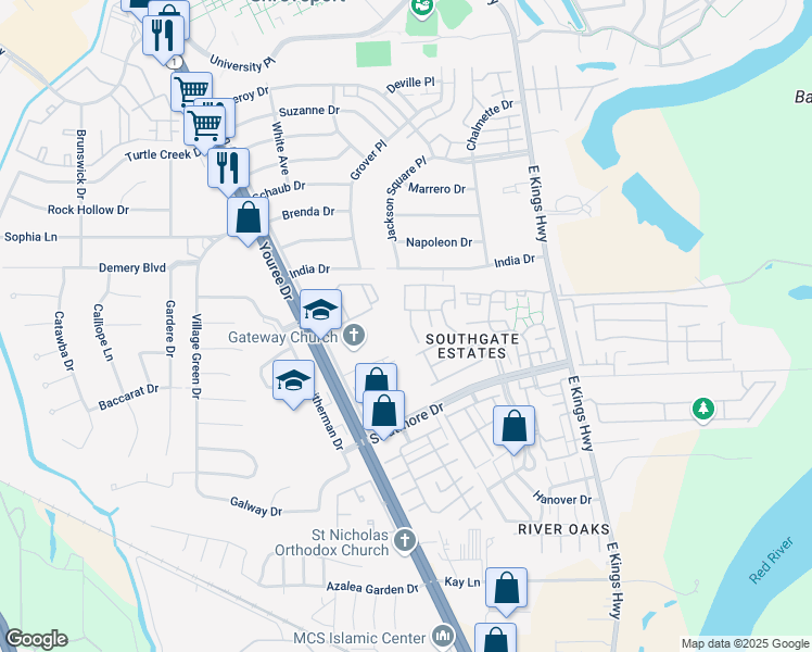 map of restaurants, bars, coffee shops, grocery stores, and more near 9610 Balsa Drive in Shreveport