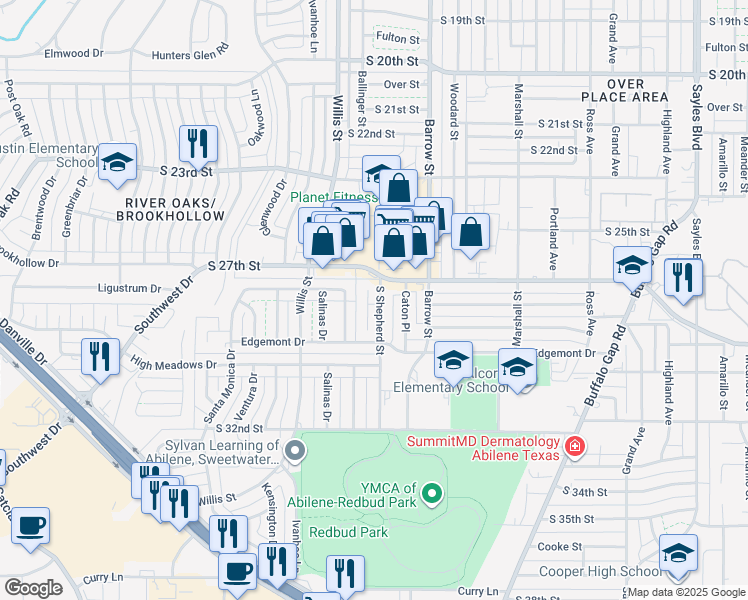 map of restaurants, bars, coffee shops, grocery stores, and more near 55 Shepherds Cove in Abilene