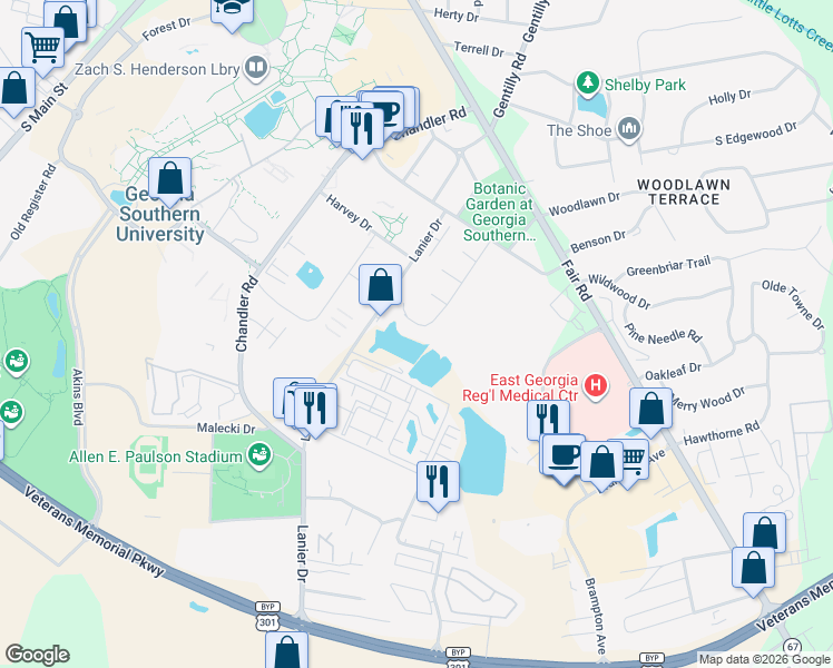 map of restaurants, bars, coffee shops, grocery stores, and more near 30 University Place in Statesboro