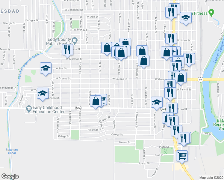 map of restaurants, bars, coffee shops, grocery stores, and more near 402 South Ash Street in Carlsbad
