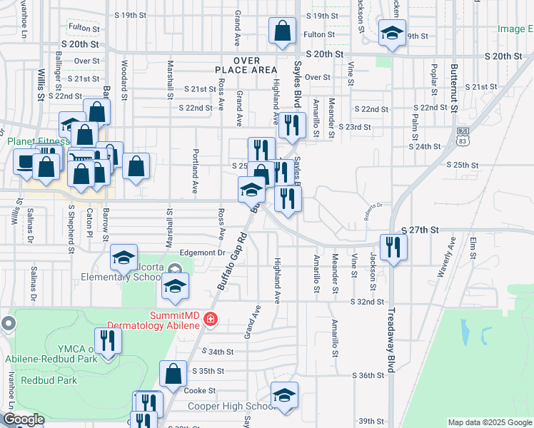 map of restaurants, bars, coffee shops, grocery stores, and more near 2701 Buffalo Gap Road in Abilene