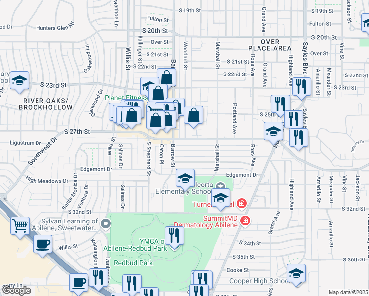 map of restaurants, bars, coffee shops, grocery stores, and more near 3010 South 28th Street in Abilene